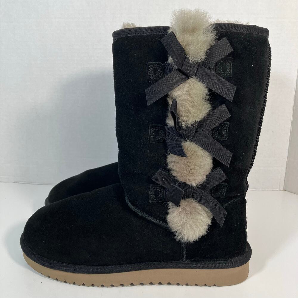 Koolaburra by Ugg Victoria Tall Boots Black Suede Bows on Side Faux-fur Trim